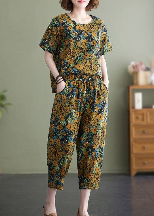 Plus Size Gelb Blumen O-Neck Top Kurzarm Hose mit elastischer Taille Zweiteiliges Set