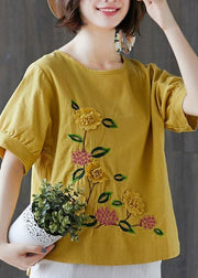Plus Size Yellow Half Sleeve Cotton Linen Summer Top - SooLinen
