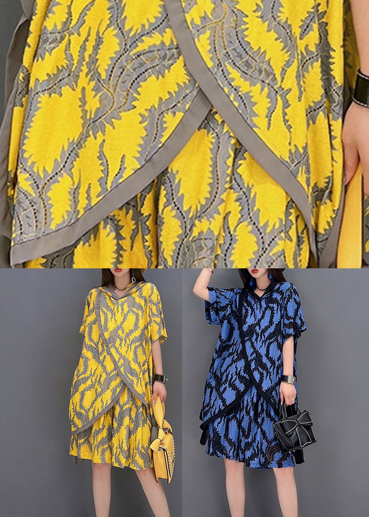 Plus Size Yellow Hooded Patchwork Print Tops And Shorts Two Pieces Set Summer