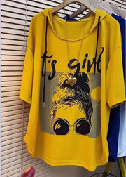 Plus Size Yellow Hooded Print Patchwork Cotton Sweatshirt Summer