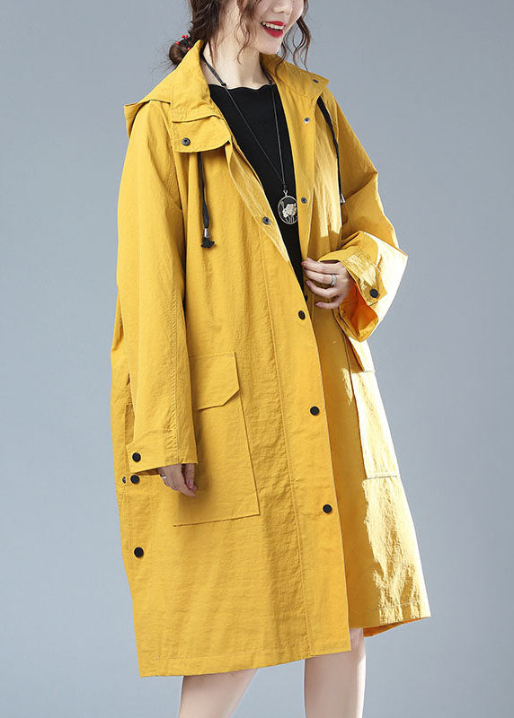 Plus Size Yellow Hooded Print Pockets Patchwork Cotton Trench Coat Fall