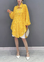 Plus Size Yellow Jacquard Side Open Tulle Long Blouse Spring