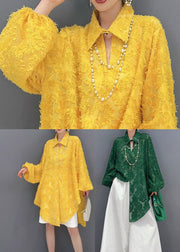 Plus Size Yellow Jacquard Side Open Tulle Long Blouse Spring