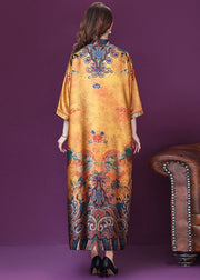 Plus Size Yellow Mandarin Collar Print Silk Dresses Batwing Sleeve