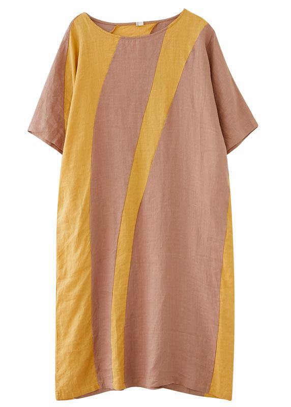 Plus Size Yellow O-Neck Casual Straight Summer Ankle Dress - SooLinen