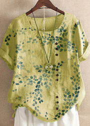 Plus Size Yellow O-Neck Embroidered Floral Linen Tops Short Sleeve