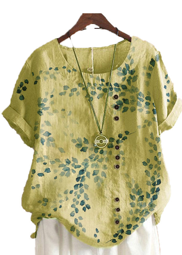 Plus Size Yellow O-Neck Embroidered Floral Linen Tops Short Sleeve