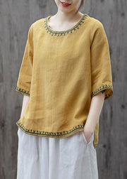 Plus Size Yellow O Neck Embroidered Patchwork Cotton T Shirts Summer