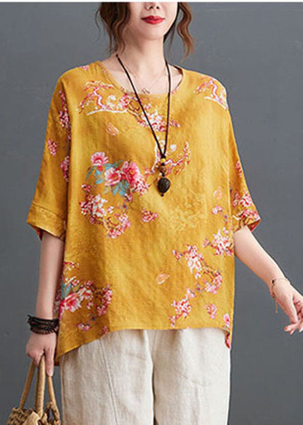 Plus Size Yellow O-Neck Floral Print Linen Tank Tops Half Sleeve
