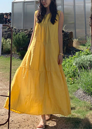 Plus Size Yellow O-Neck Patchwork Cotton Maxi Dresses Sleeveless