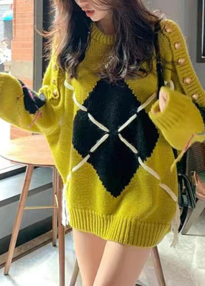 Plus Size Yellow O Neck Patchwork Cozy Cotton Knit Sweater Batwing Sleeve