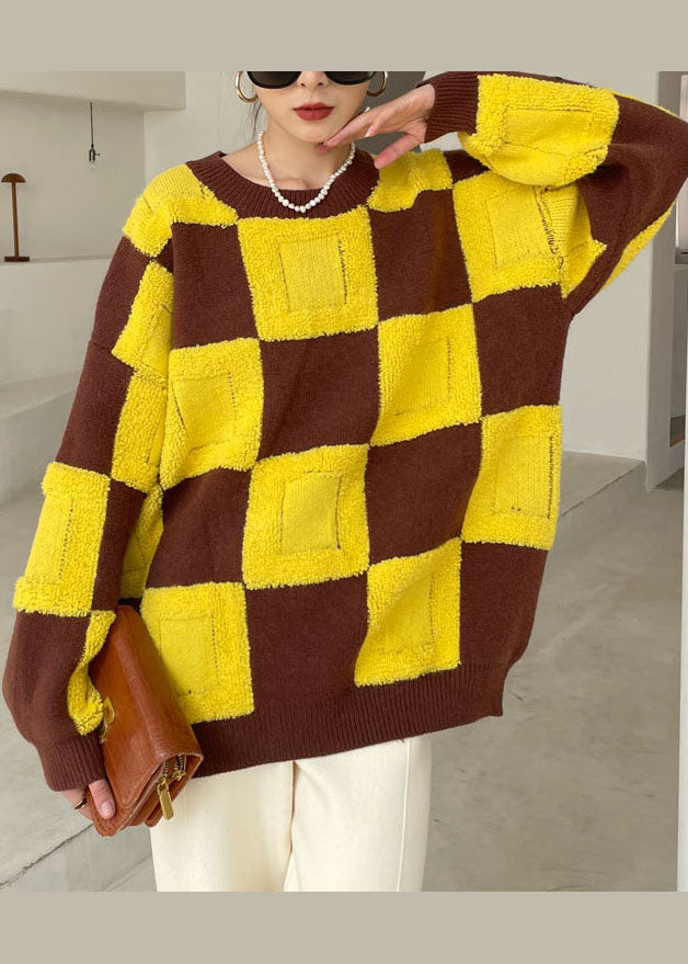 Plus Size Yellow O-Neck Plaid Knitted Tops Winter