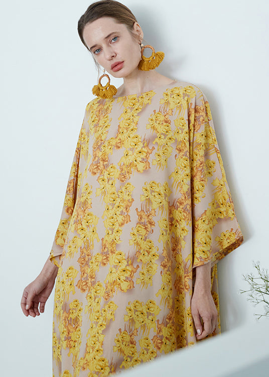 Plus Size Yellow O Neck Print Chiffon Robe Dresses Summer
