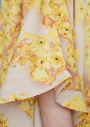 Plus Size Yellow O Neck Print Chiffon Robe Dresses Summer