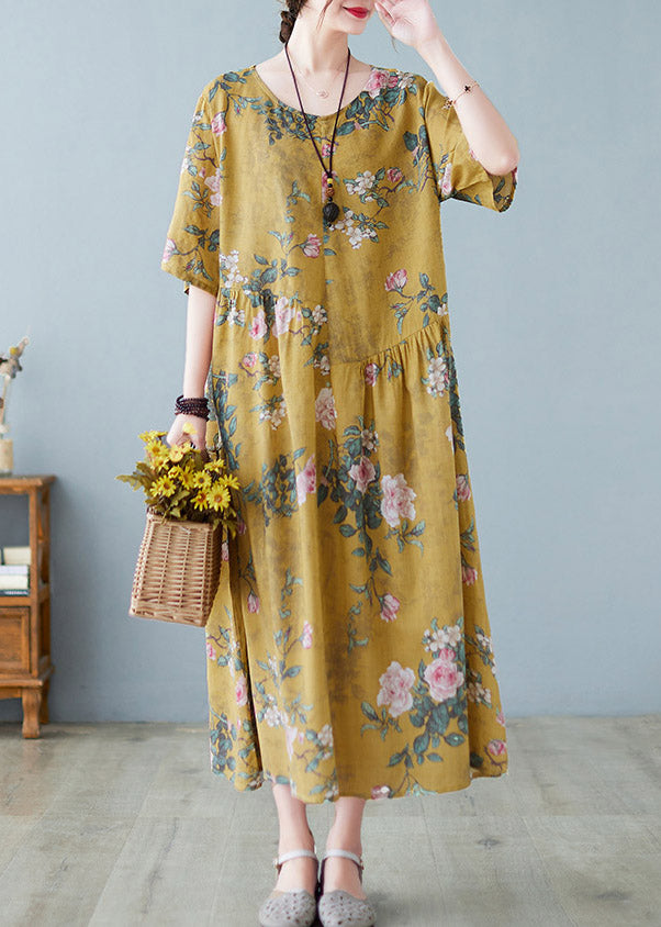 Plus Size Yellow O-Neck Print Maxi Dress Summer