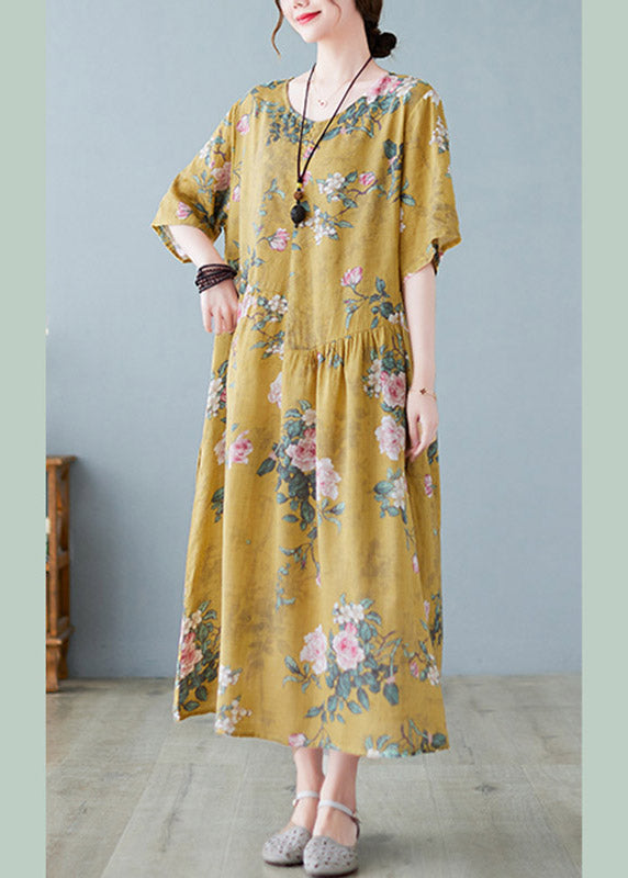 Plus Size Yellow O-Neck Print Maxi Dress Summer