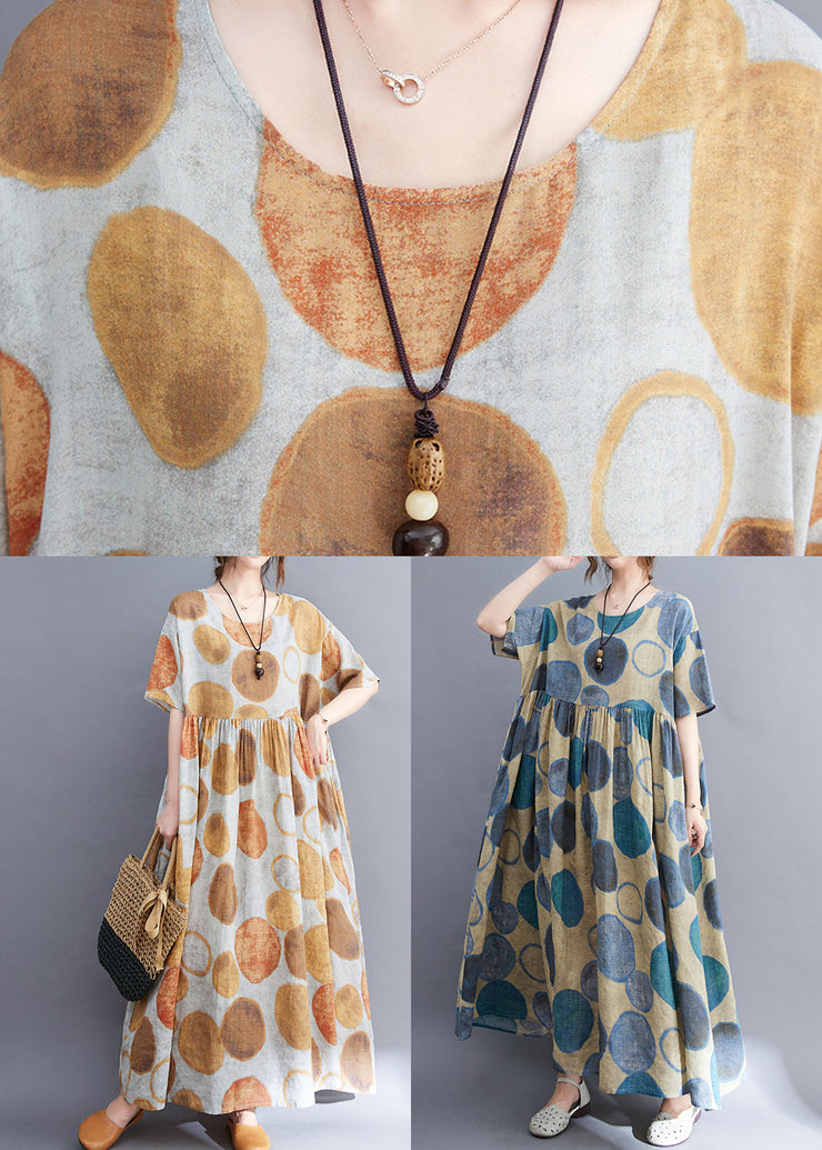 Plus Size Gelb O-Neck Knitted Dot Print Leinen Langes Kleid Kurzarm