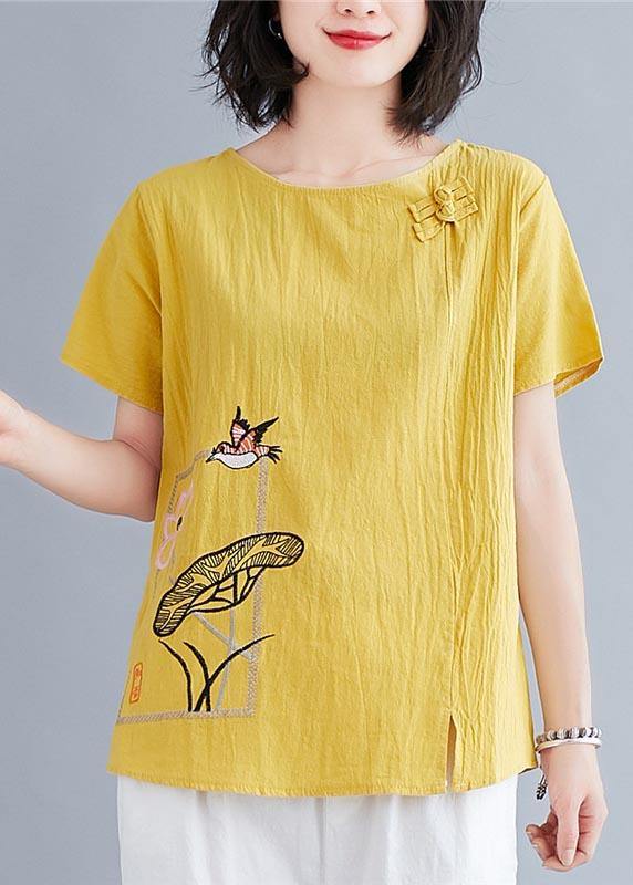 Plus Size Yellow Oriental Cotton Linen Blouses Summer - SooLinen