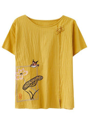 Plus Size Yellow Oriental Cotton Linen Blouses Summer - SooLinen