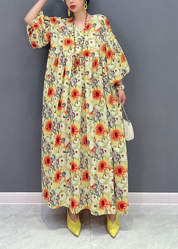 Plus Size Yellow Oversized Floral Print Cotton Robe Dresses Lantern Sleeve
