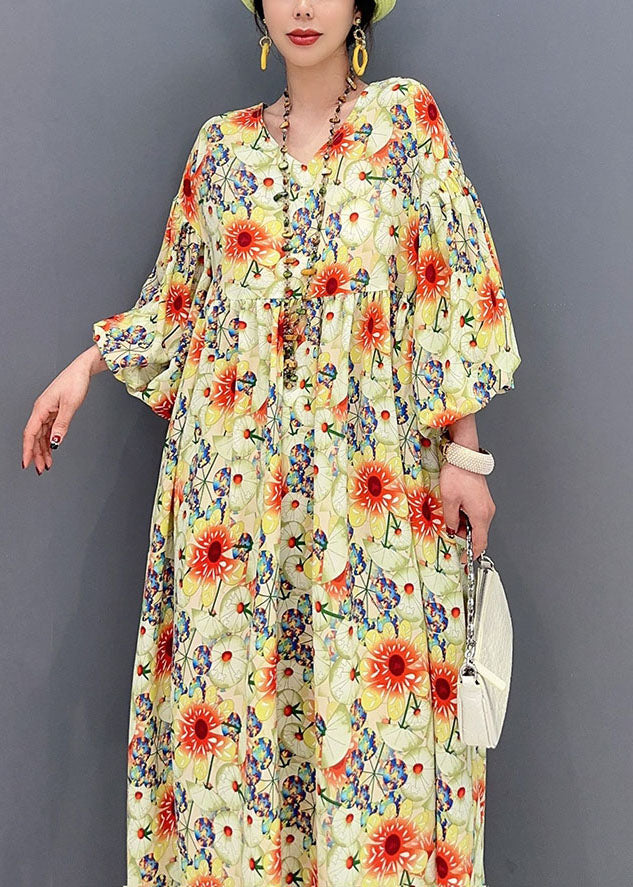 Plus Size Yellow Oversized Floral Print Cotton Robe Dresses Lantern Sleeve
