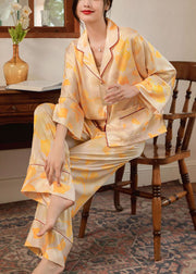 Plus Size Yellow Oversized Print Ice Silk Pajamas Women Sets 2 Pieces Batwing Sleeve