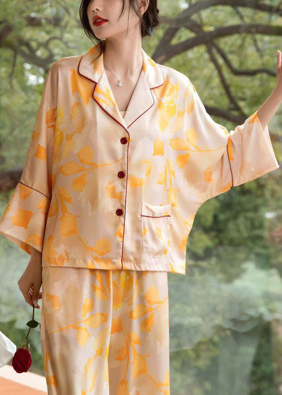 Plus Size Yellow Oversized Print Ice Silk Pajamas Women Sets 2 Pieces Batwing Sleeve