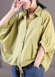 Plus Size Yellow Peter Pan Collar Drawstring Pocket Cotton Shirt Top Short Sleeve