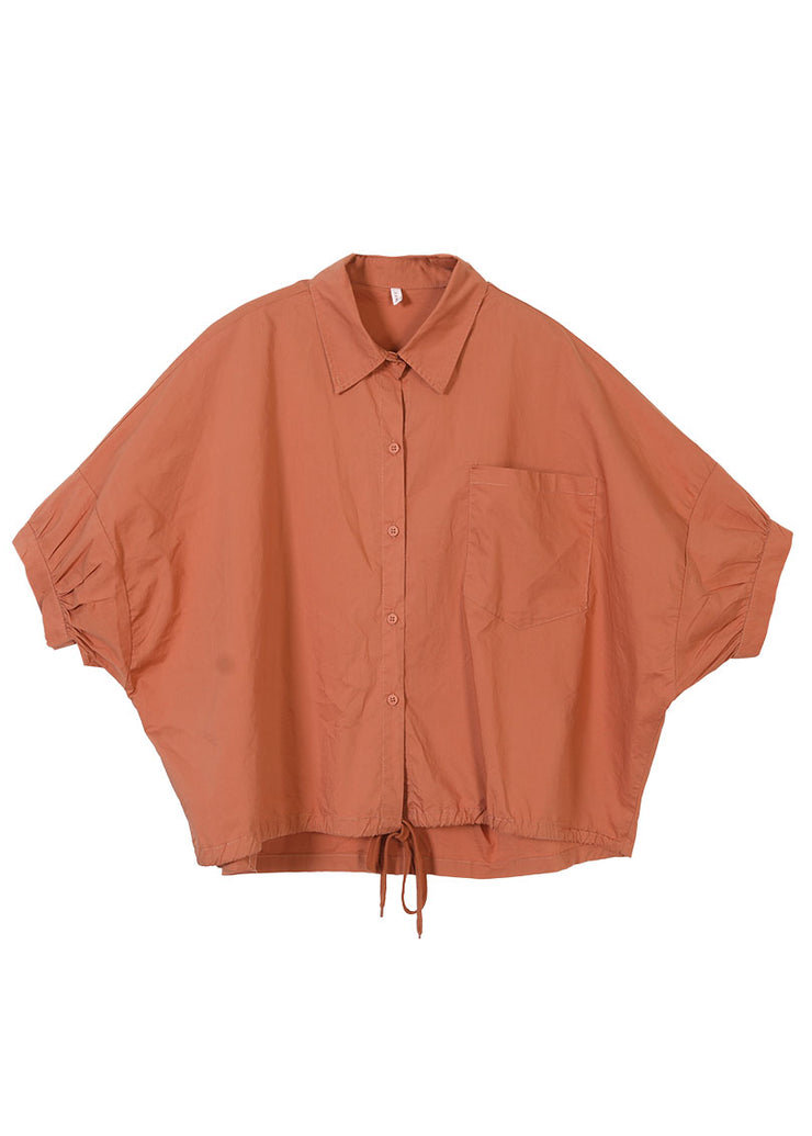 Plus Size Yellow Peter Pan Collar Drawstring Pocket Cotton Shirt Top Short Sleeve
