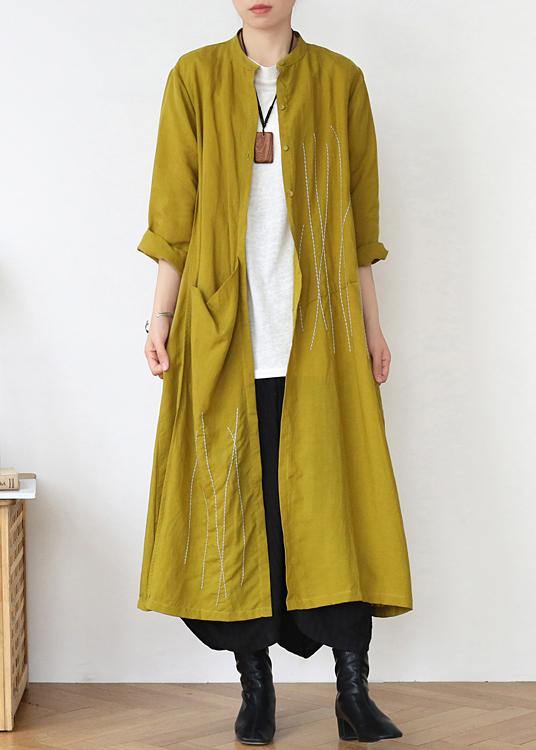 Plus Size Yellow Peter Pan Collar Linen Long Spring Coat - SooLinen