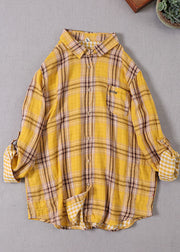 Plus Size Gelber Peter Pan-Kragen Plaid Cotton Shirt Top Spring