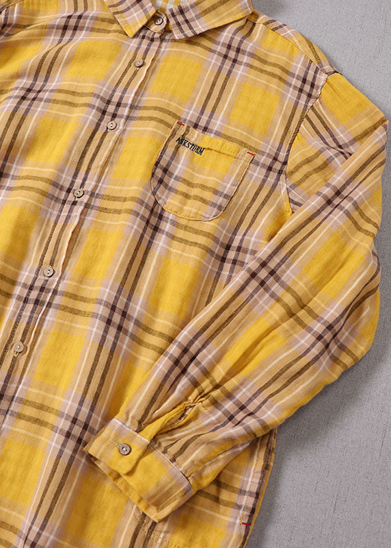 Plus Size Gelber Peter Pan-Kragen Plaid Cotton Shirt Top Spring