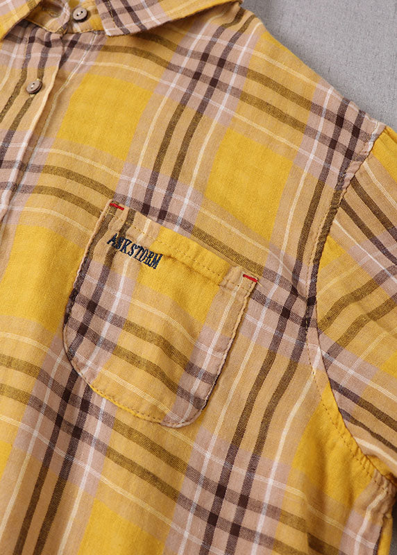 Plus Size Yellow Peter Pan Collar Plaid Cotton Shirt Top Spring