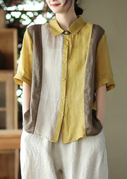 Plus Size Yellow Peter Pan Collar Solid Ramie Shirts Summer