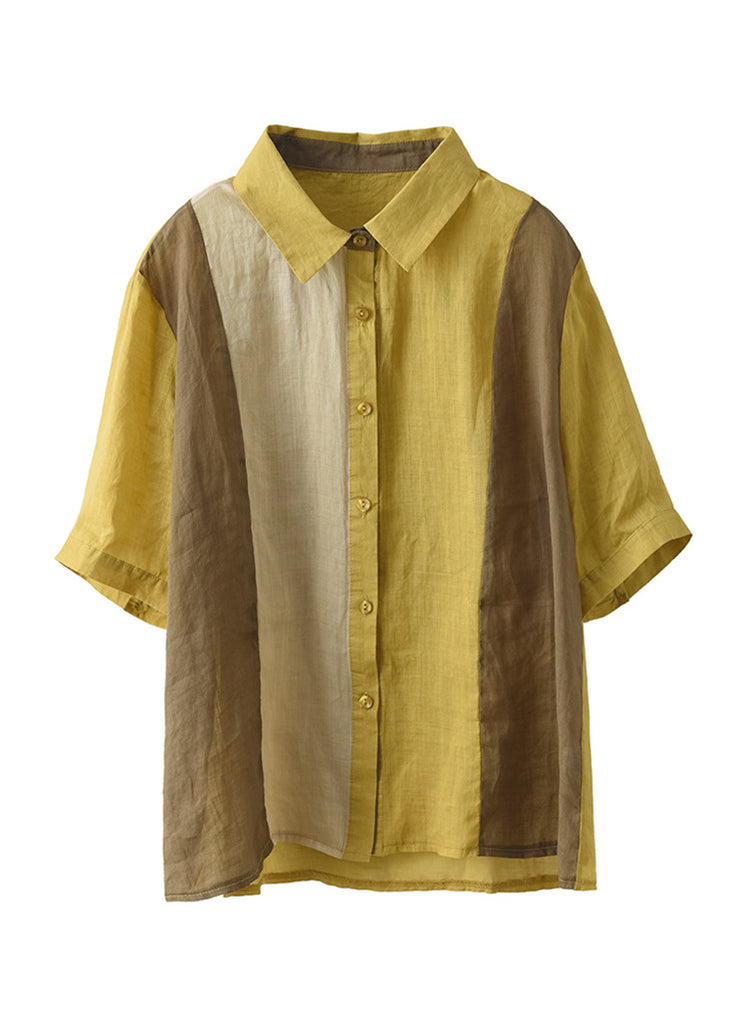 Plus Size Yellow Peter Pan Collar Solid Ramie Shirts Summer