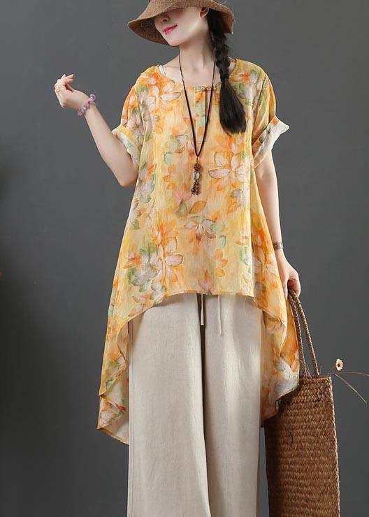 Plus Size Yellow Print Linen low high design Shirt Summer - SooLinen