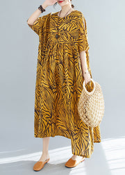 Plus Size Yellow Print Wrinkled Cotton Vacation Long Dresses Short Sleeve