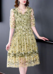 Plus Size Yellow Ruffled Embroidered Tulle Party Dress Summer