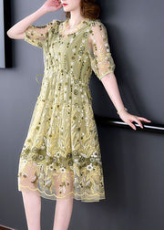 Plus Size Yellow Ruffled Embroidered Tulle Party Dress Summer