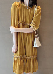 Plus Size Yellow Ruffled Patchwork velour Fall Half Sleeve Maxi Dresses