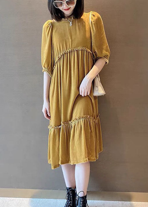 Plus Size Yellow Ruffled Patchwork velour Fall Half Sleeve Maxi Dresses