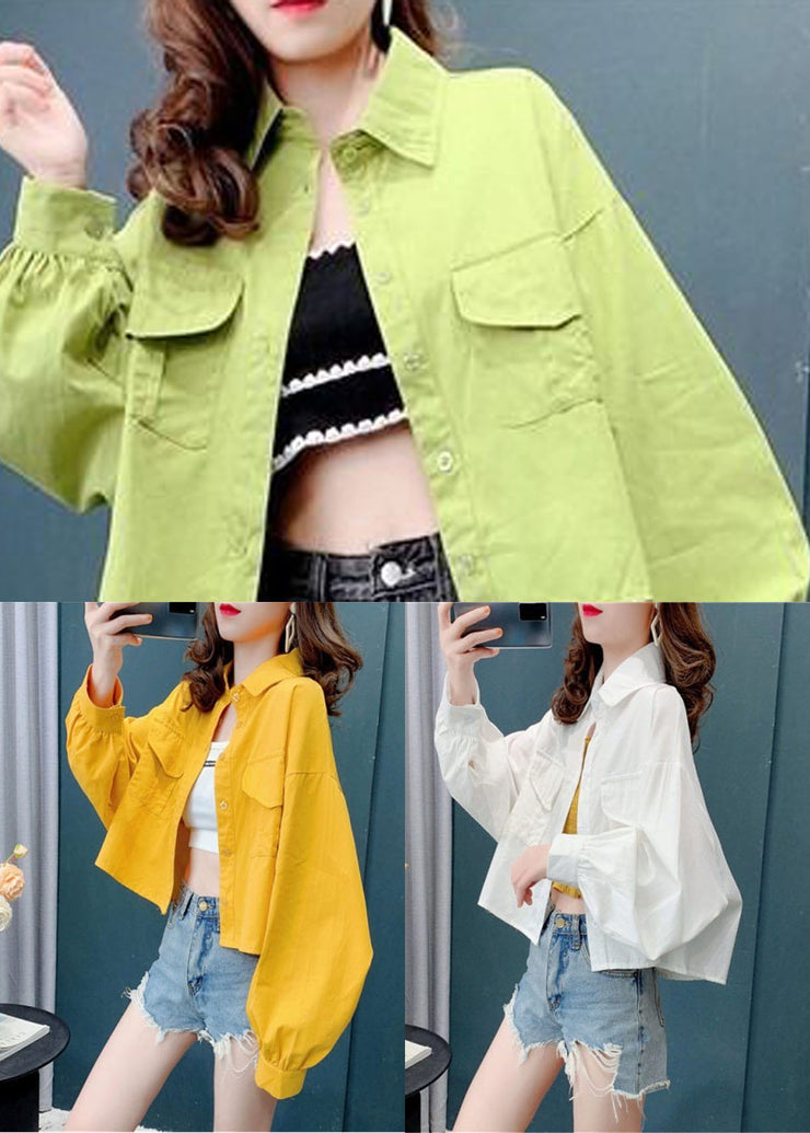 Plus Size Yellow Solid Color Pockets Cotton Blouses Batwing Sleeve
