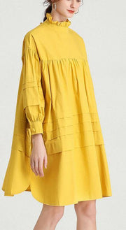 Plus Size Yellow Stand Cotton Bow Spring Maxi Dresses - SooLinen