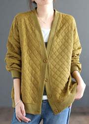Plus Size Yellow V Neck Button Cotton Cardigan Coats Fall