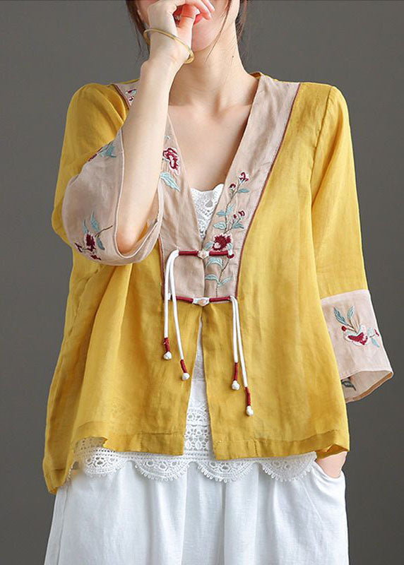 Plus Size Yellow V Neck Embroidered Cotton Linen Blouse Tops Bracelet Sleeve