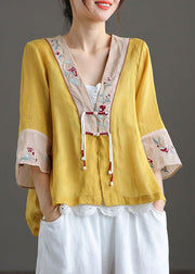 Plus Size Yellow V Neck Embroidered Cotton Linen Blouse Tops Bracelet Sleeve