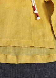 Plus Size Gelb V-Ausschnitt bestickte Baumwoll-Leinen-Bluse Tops Armband Ärmel