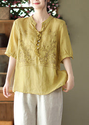 Plus Size Yellow V Neck Embroidered Linen T Shirt Short Sleeve