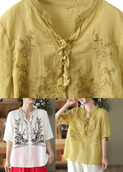 Plus Size Yellow V Neck Embroidered Linen T Shirt Short Sleeve