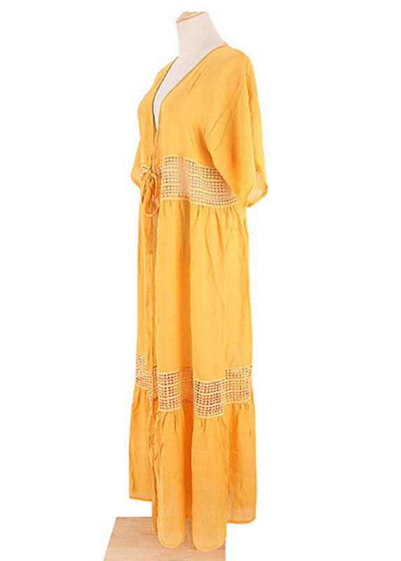 Plus Size Yellow V Neck Lace Patchwork Tie Waist Long Holiday Dress Short Sleeve